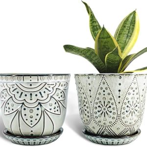 6 Inch Beaded Ceramic Planter Set of 2 with Drainage Hole and Saucer for Plants